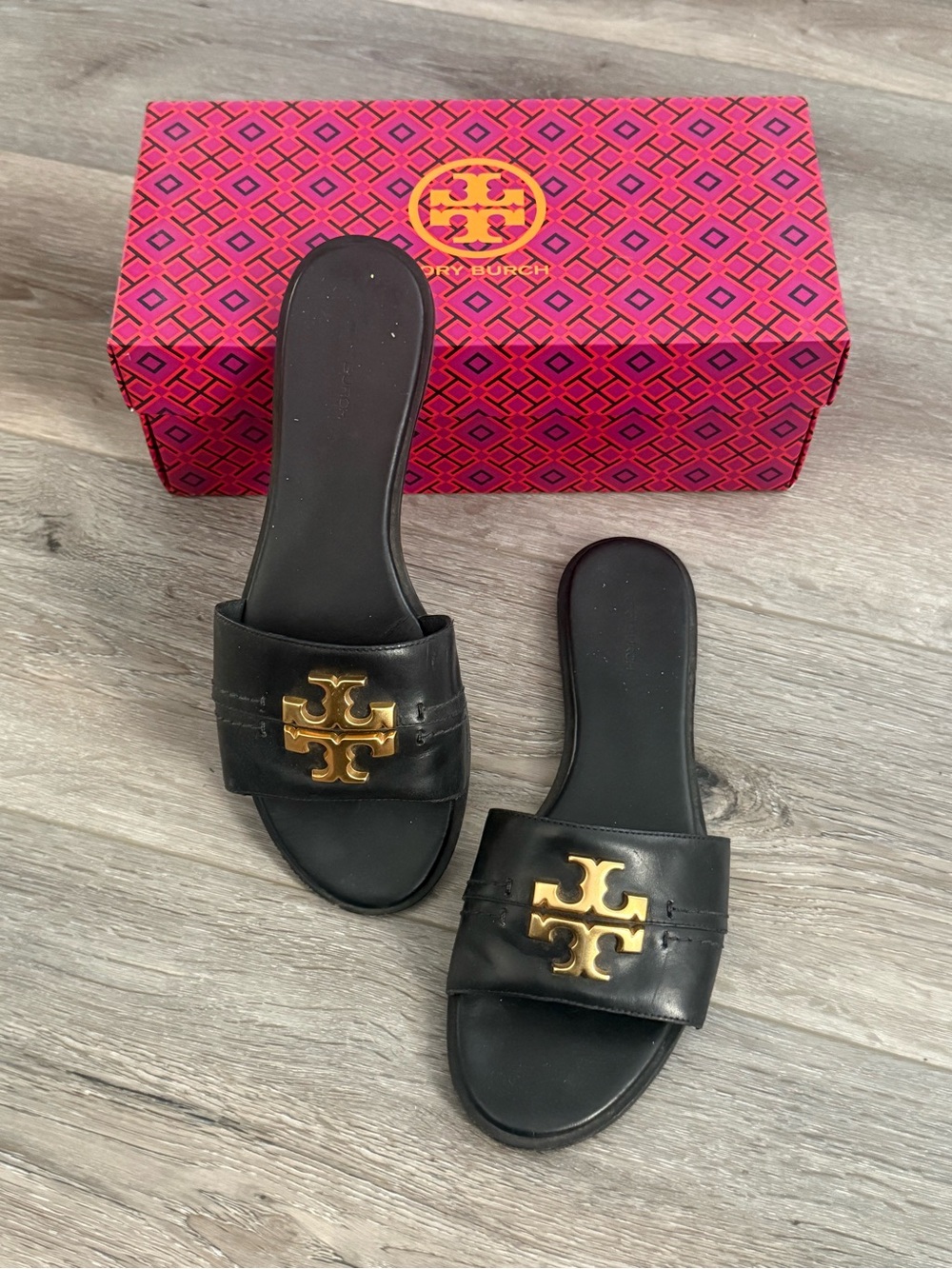 Tory Burch Black Leather Slide Sandals with Gold Logo Emblem